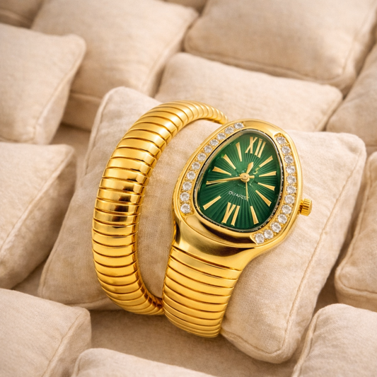 Gold Serpent Wrap Watch-Emerald Green