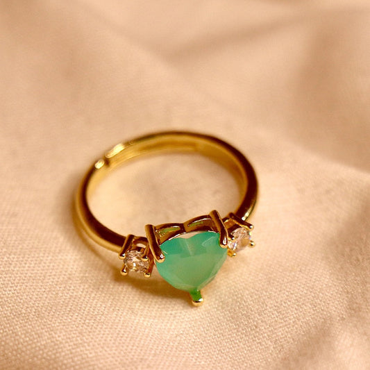 Gold Adjustable Heart Ring with Aqua Green Center Stone and Side CZ Accents Vellura Jewellery