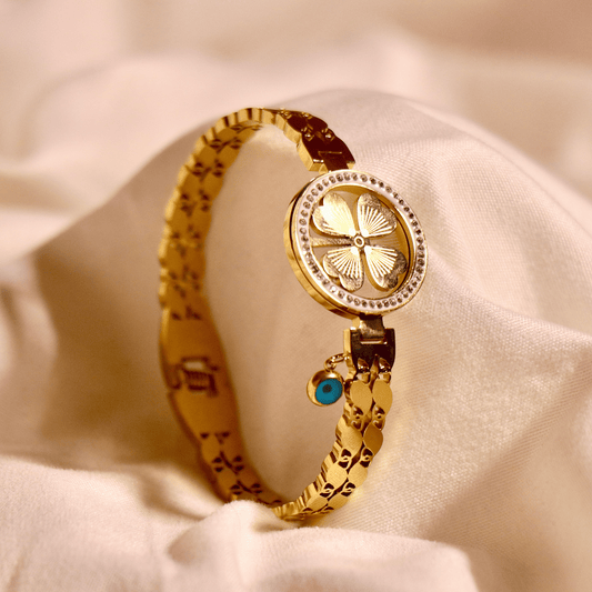 Gold Plated Clover Charm Bracelet with CZ Stones & Evil Eye Pendant Vellura Jewellery