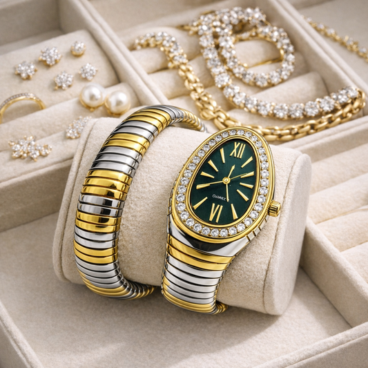 Dual Tone Green Serpent Watch-Single Coil