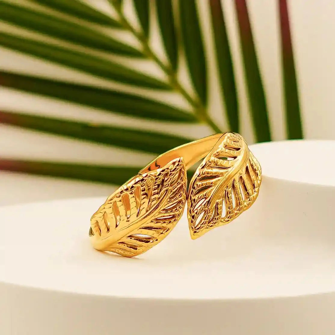 Elegant Gold Leaf Design Adjustable Open Bangle Bracelet - VelluraJewellery