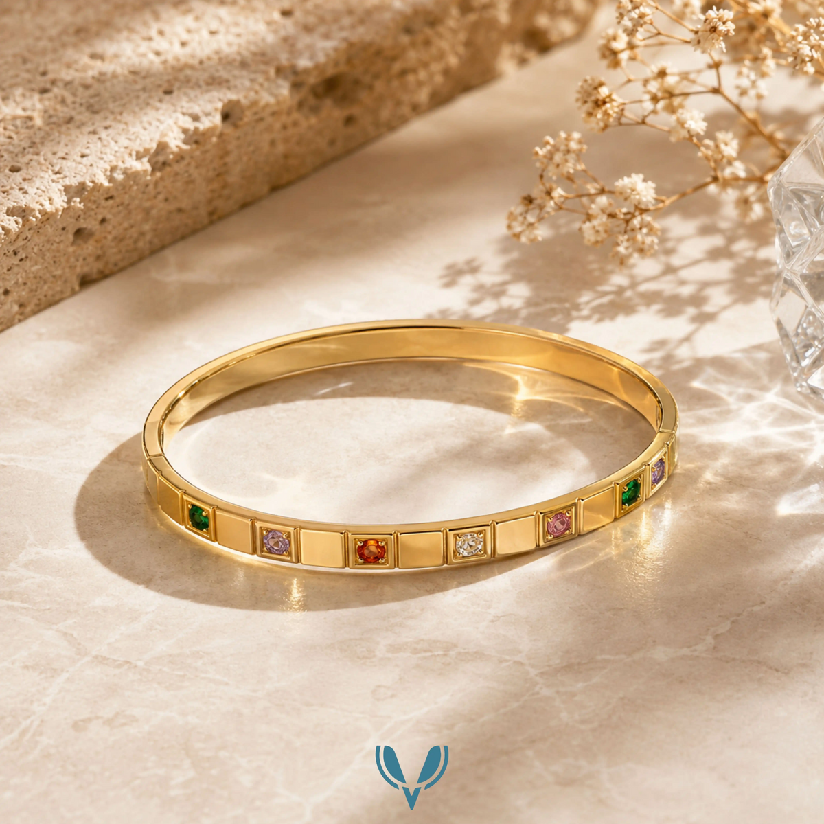 Gold multicolour square stone bangle in sunlight