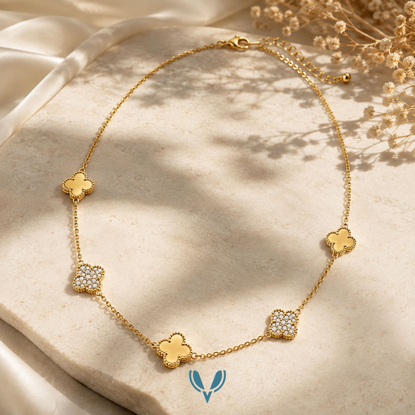 5 Motif's Gold Studded Necklace-Adjustable