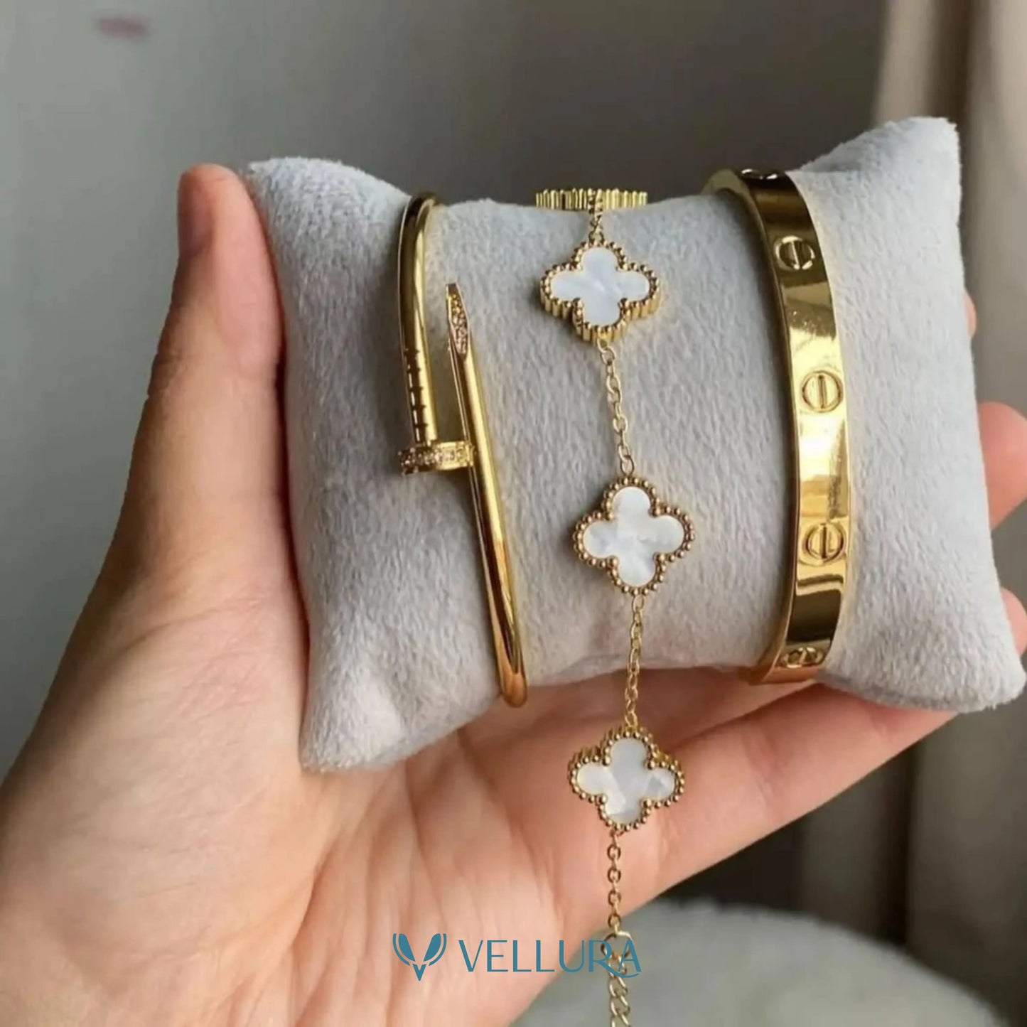 Gold Bracelet Combo Set with Clover Bracelet