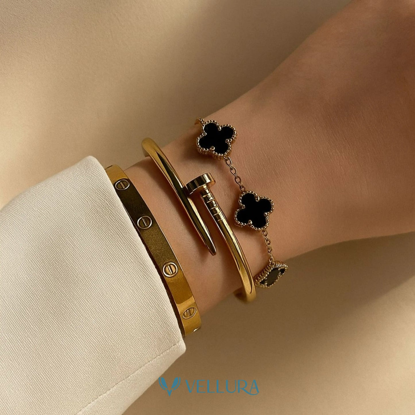 Gold Bracelet Combo Set with Clover Bracelet
