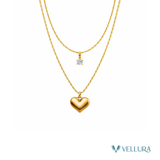 Layered Gold Heart Necklace with Crystal Charm