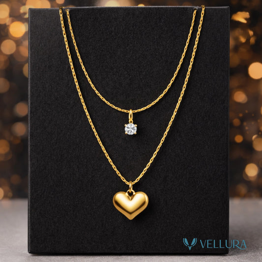 Layered Gold Heart Necklace with Crystal Charm