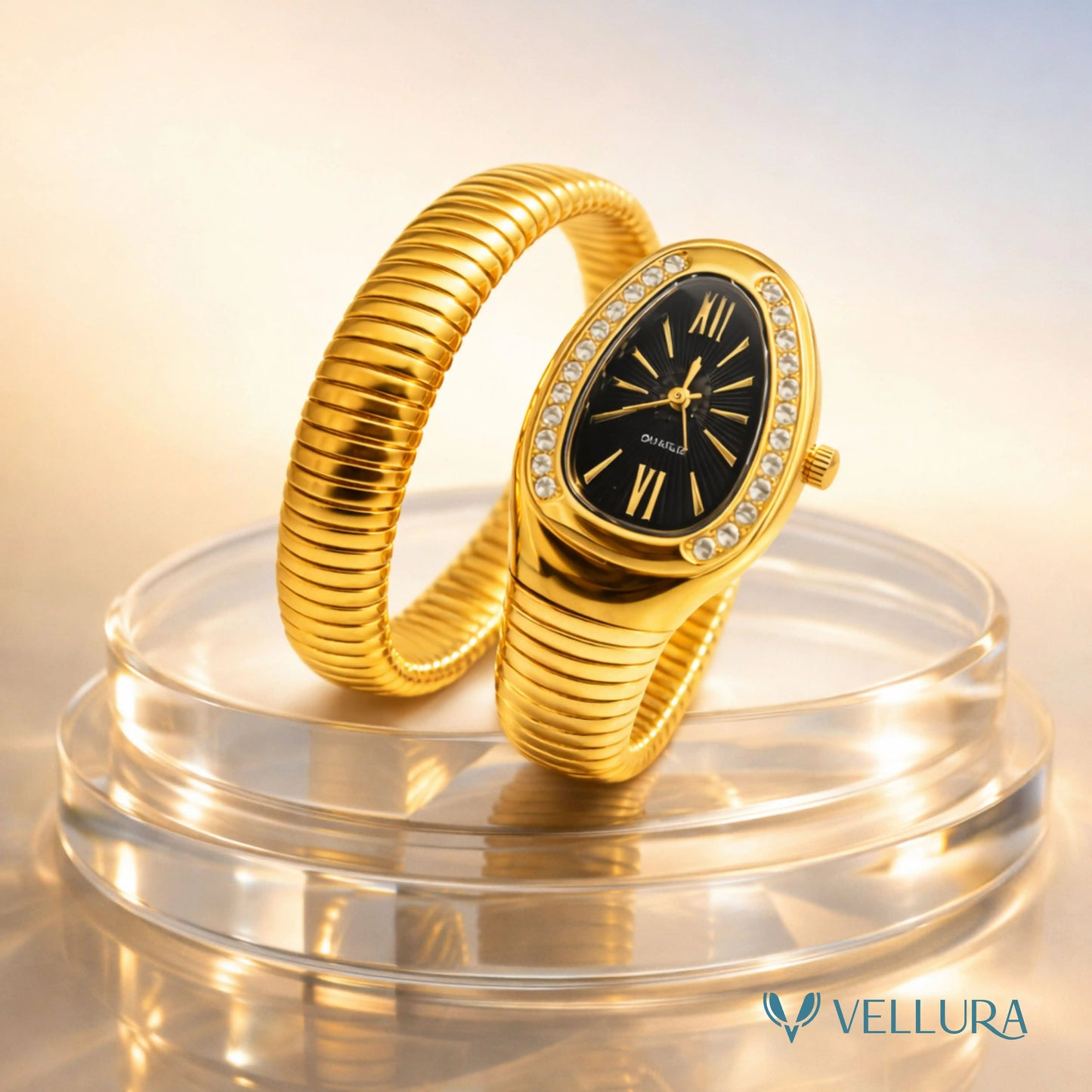 Gold Serpent Wrap Watch-Black Studded