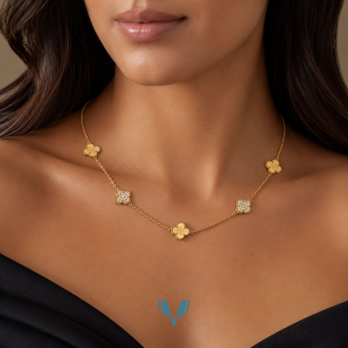 5 Motif's Gold Studded Necklace-Adjustable