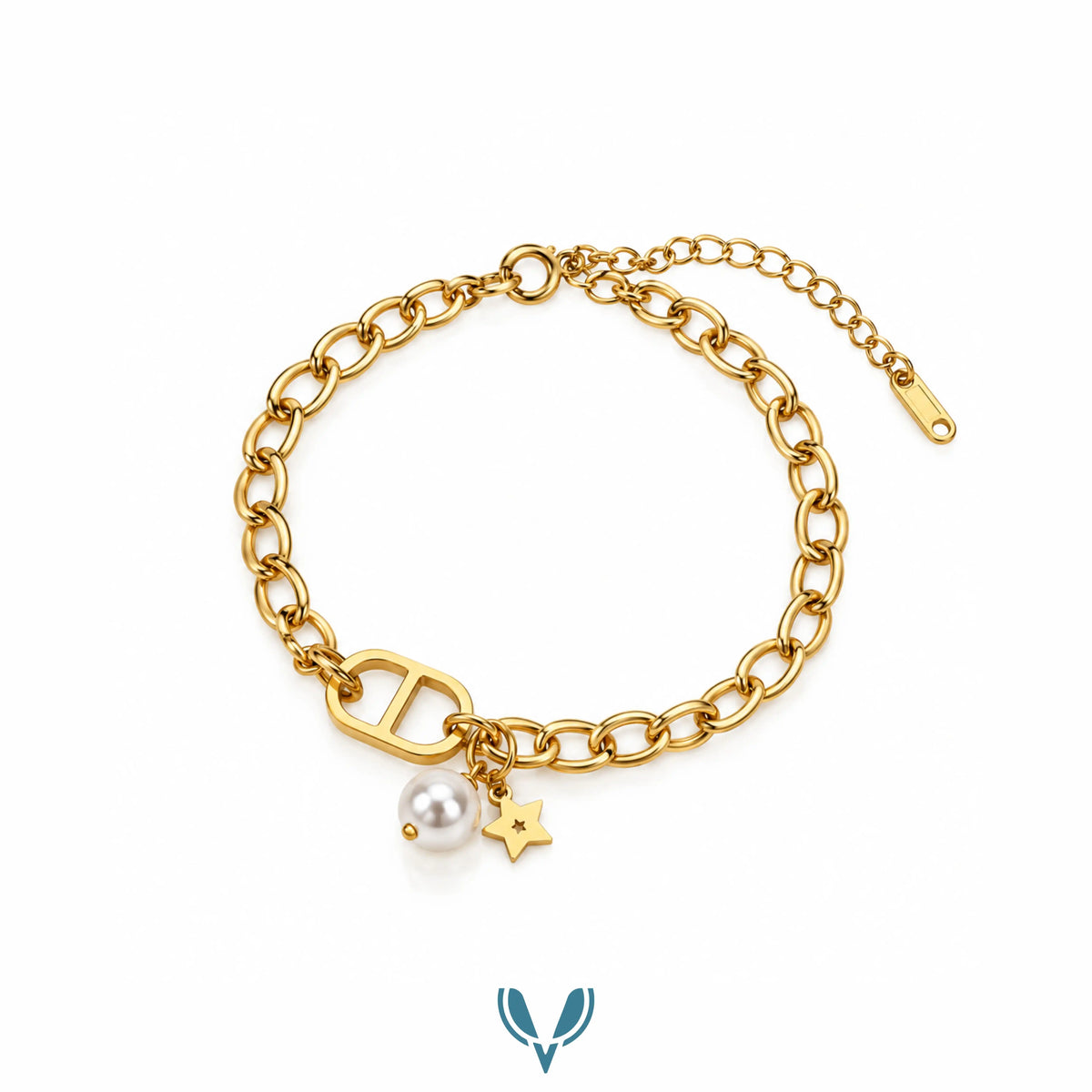 Gold Pearl & Star Charm Link Bracelet