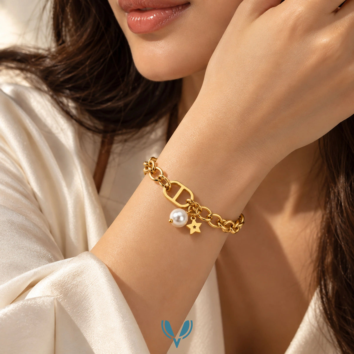 Gold Pearl & Star Charm Link Bracelet