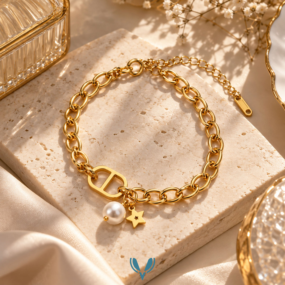 Gold Pearl & Star Charm Link Bracelet