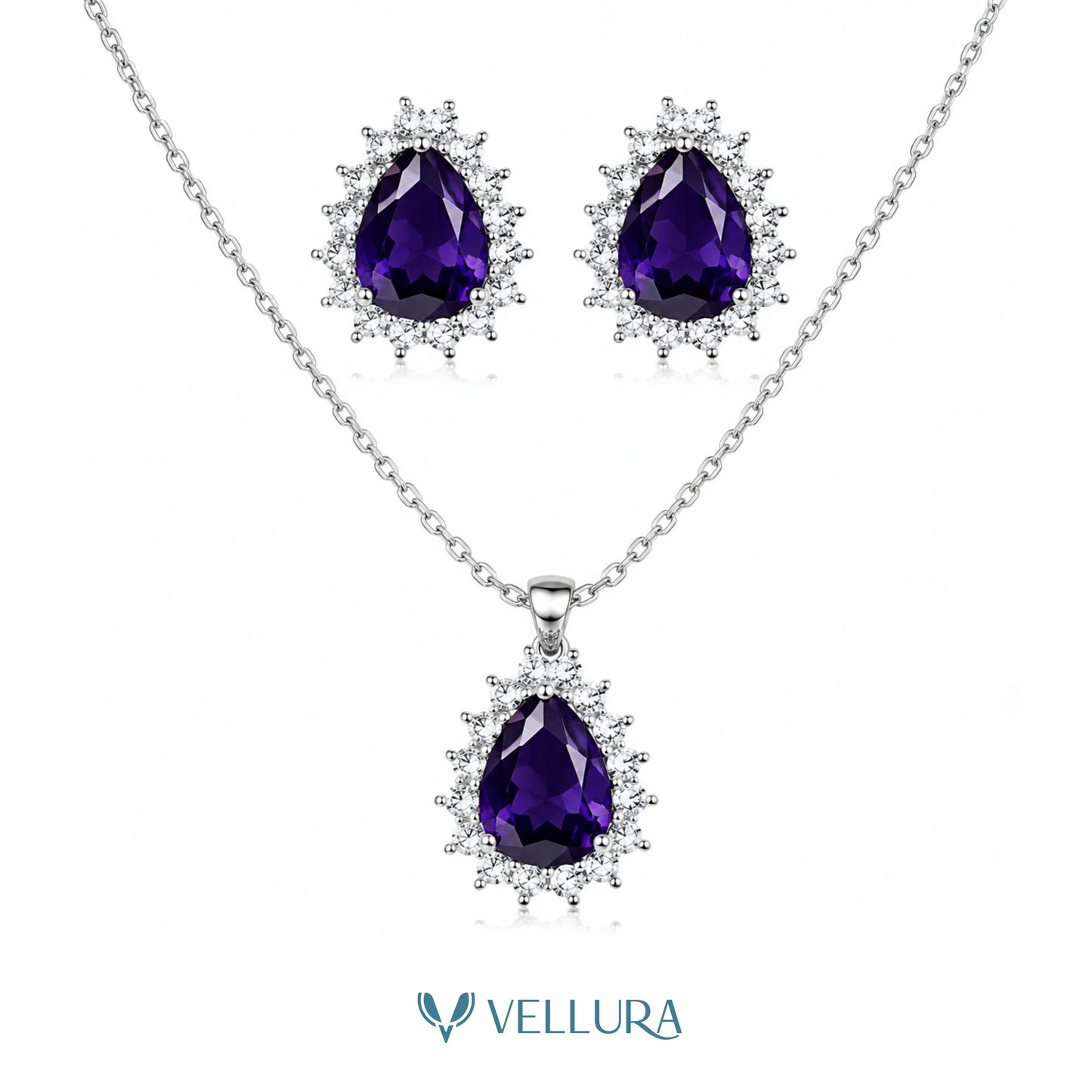 Blue CZ Teardrop Necklace Set with Earrings