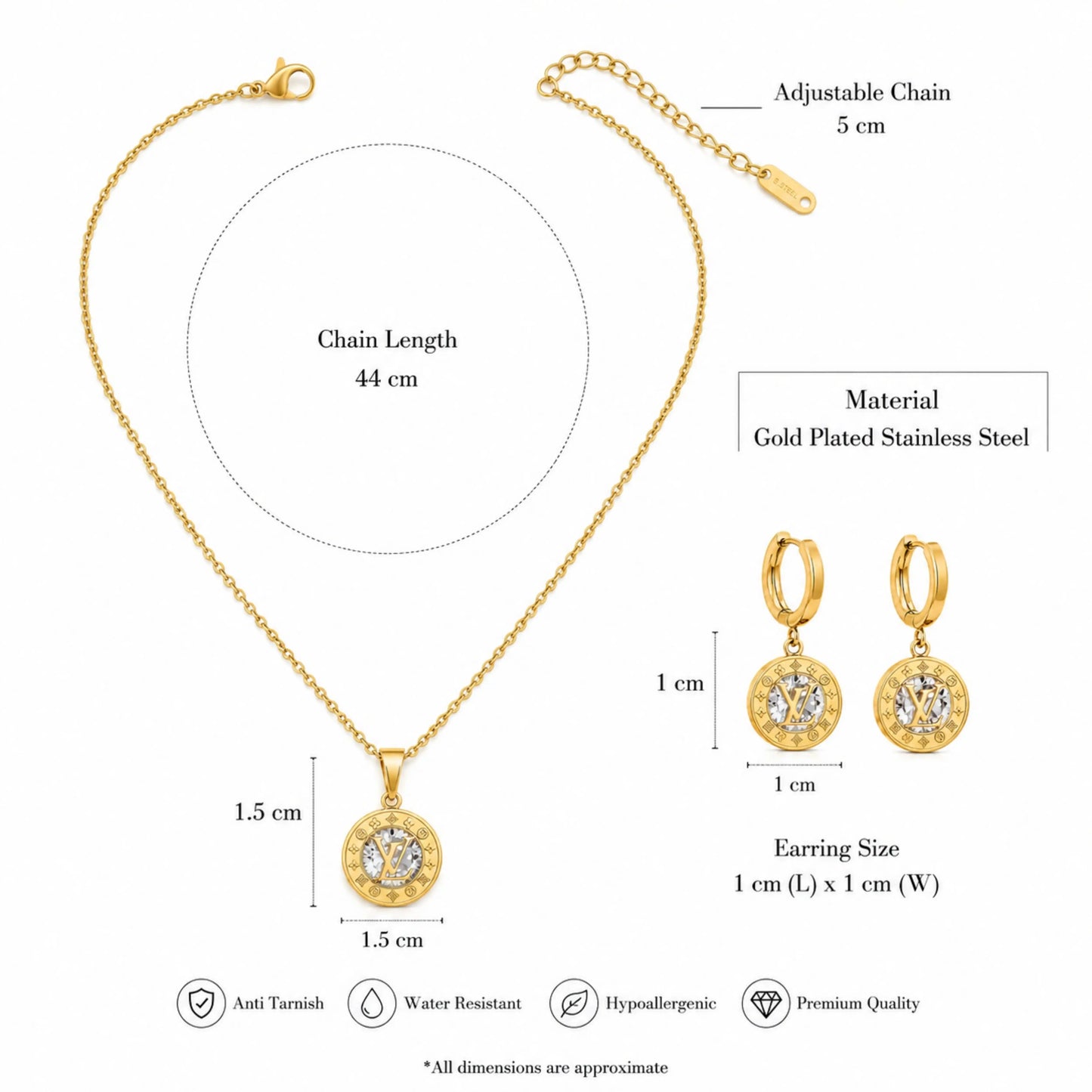 LV Inspired Pendant Necklace & Hoop Earrings Set