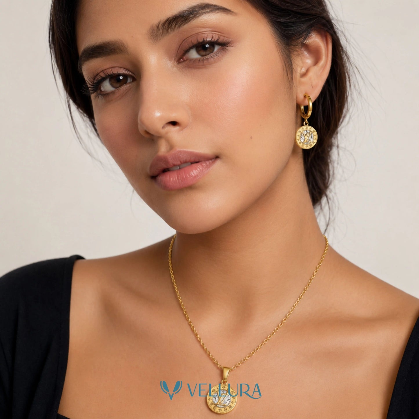 LV Inspired Pendant Necklace & Hoop Earrings Set