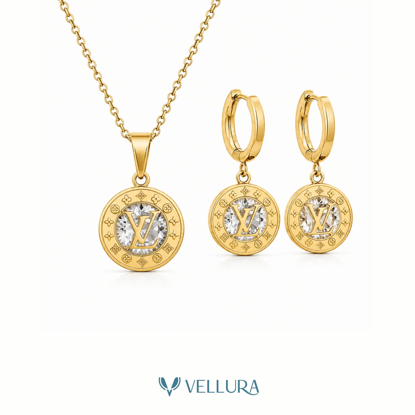 LV Inspired Pendant Necklace & Hoop Earrings Set