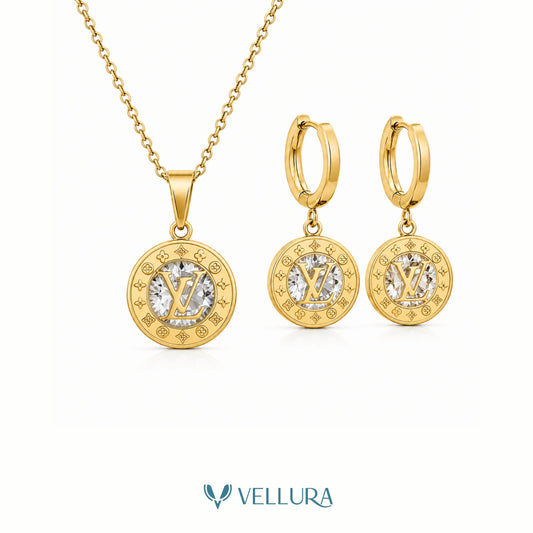 LV Inspired Pendant Necklace & Hoop Earrings Set