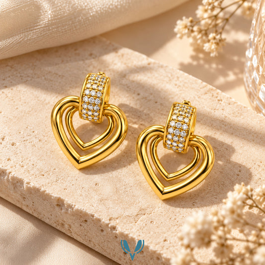 Triple Heart CZ Drop Stud Earrings