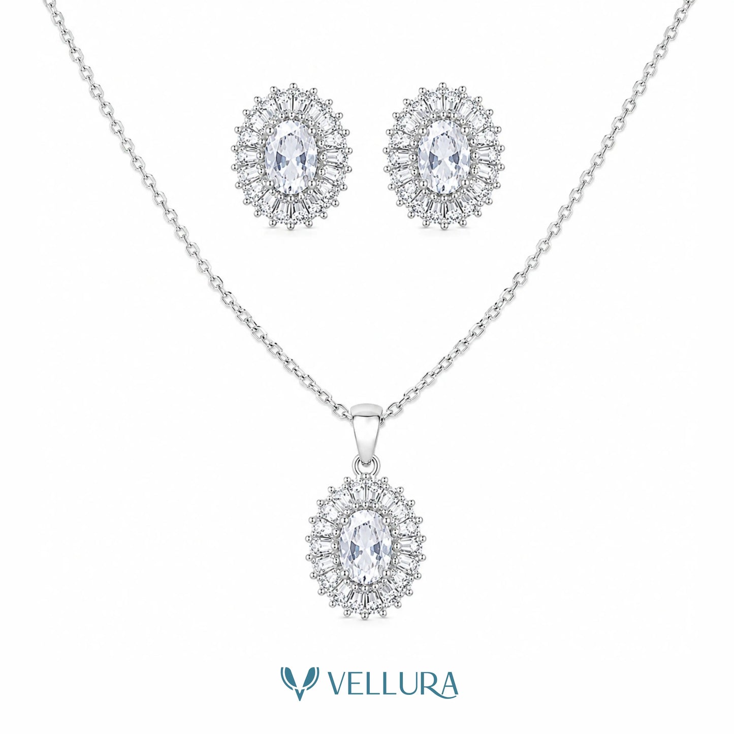 White CZ Oval Necklace Set with Earrings