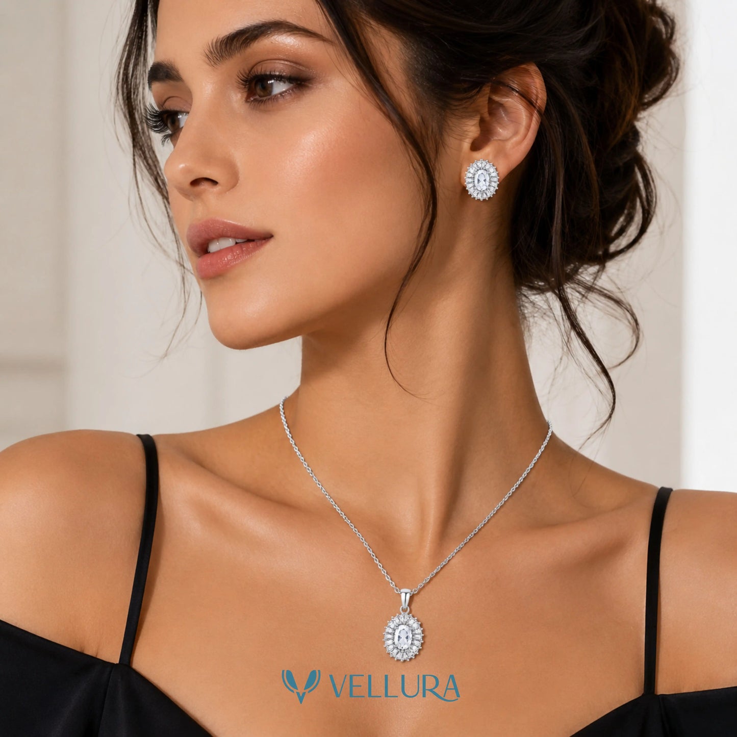 White CZ Oval Necklace Set with Earrings
