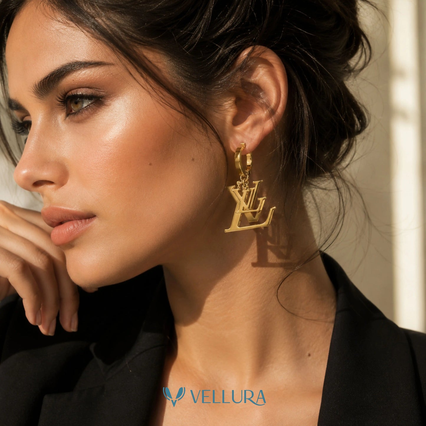 LV Inspired Gold Hoop Drop Earrings