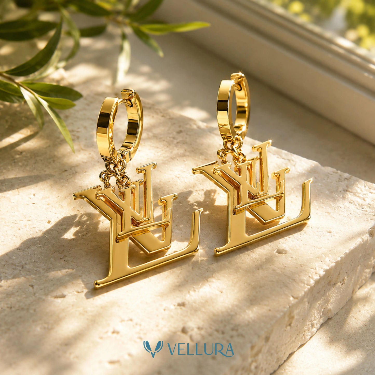 LV Inspired Gold Hoop Drop Earrings