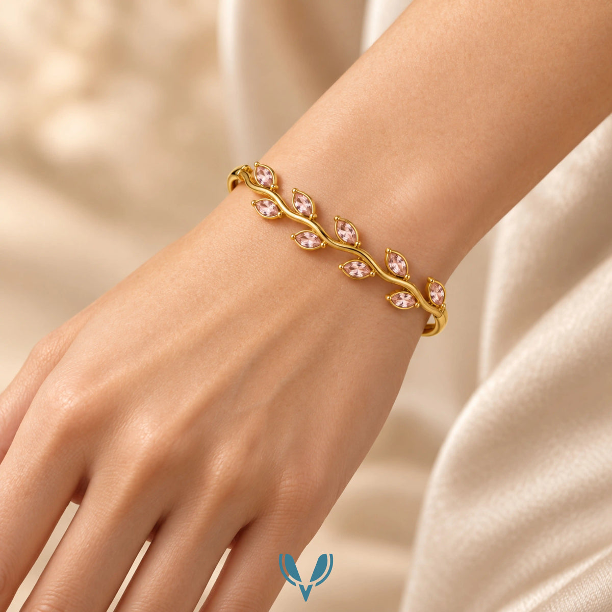 Pink Leaf Stone Bangle Bracelet