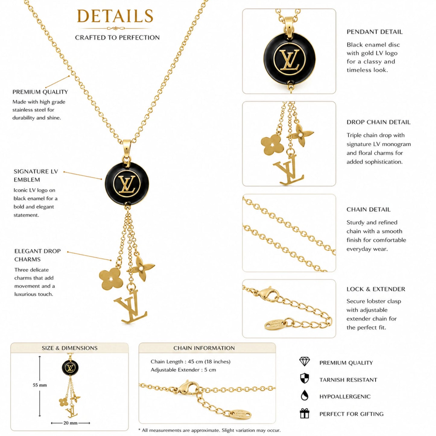 LV' Designer Inspired Black Pendant Necklace