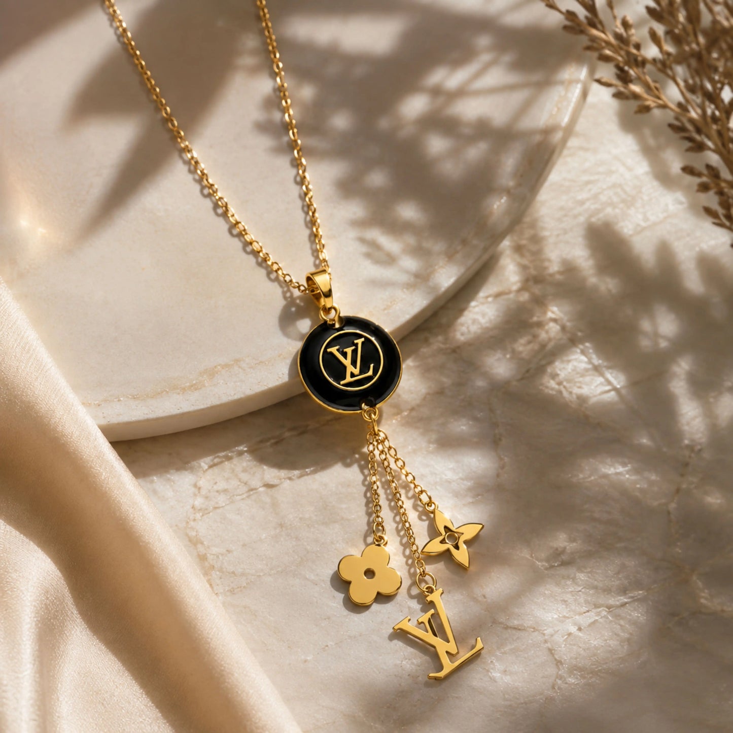 LV' Designer Inspired Black Pendant Necklace