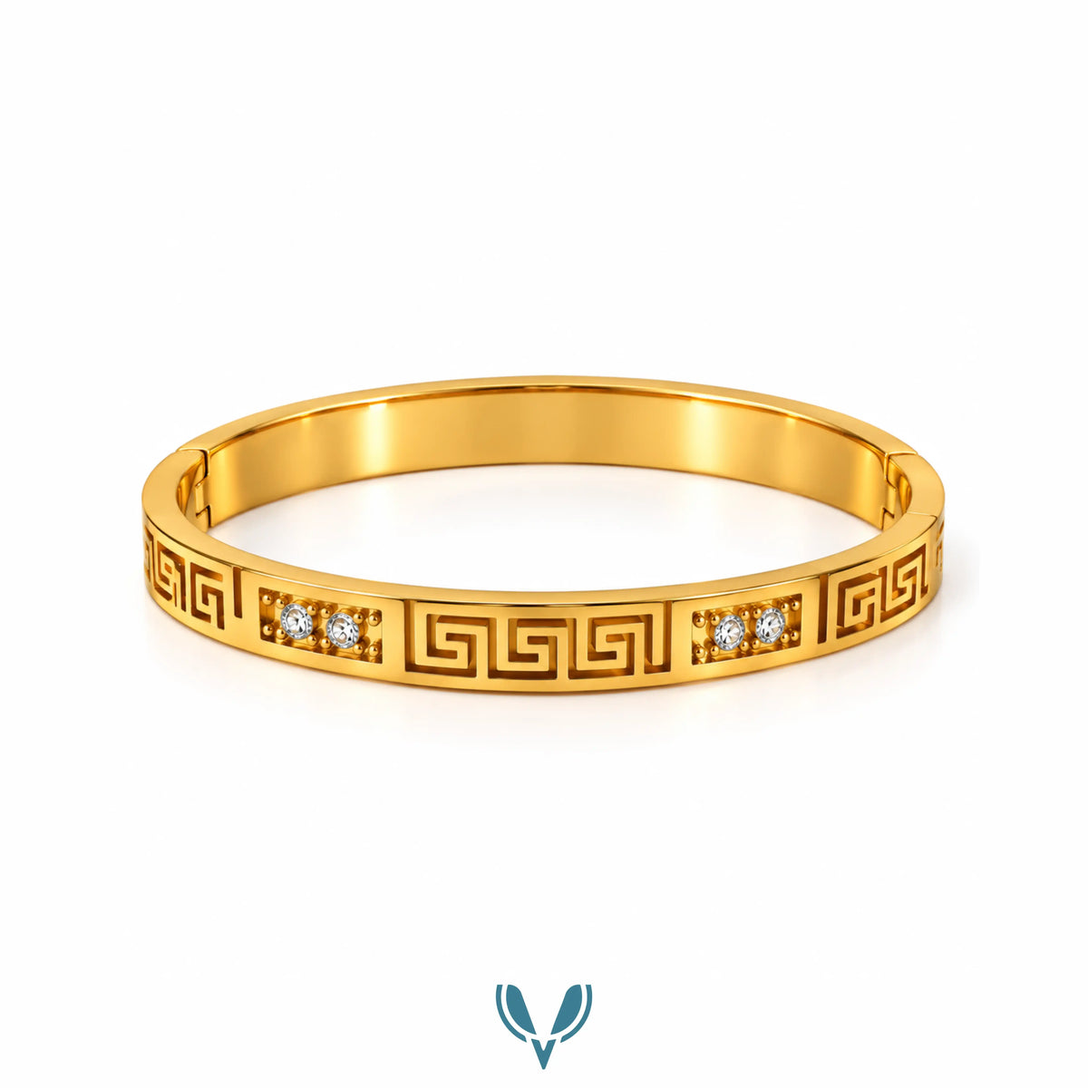 Gold Greek Key CZ Bangle Bracelet