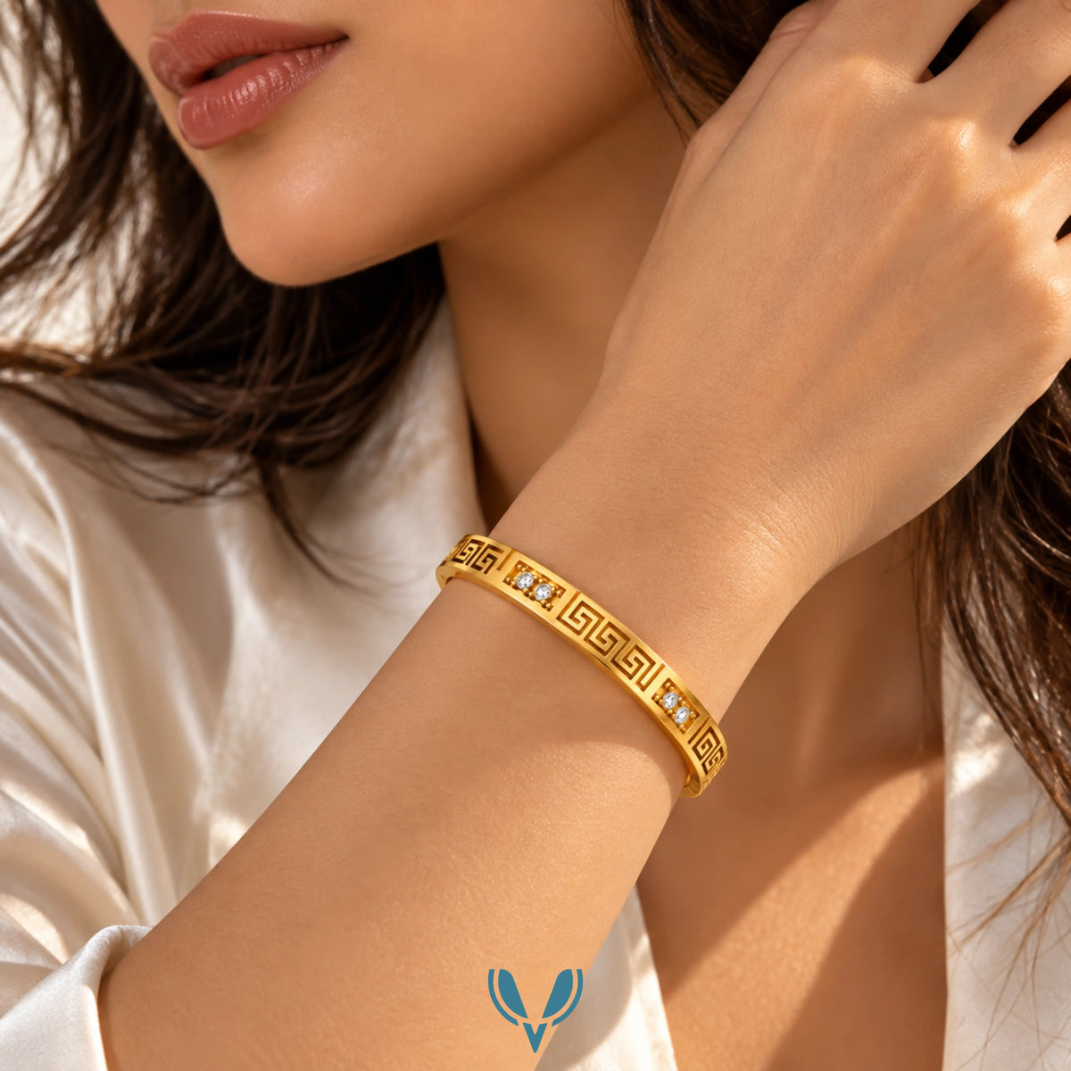Gold Greek Key CZ Bangle Bracelet