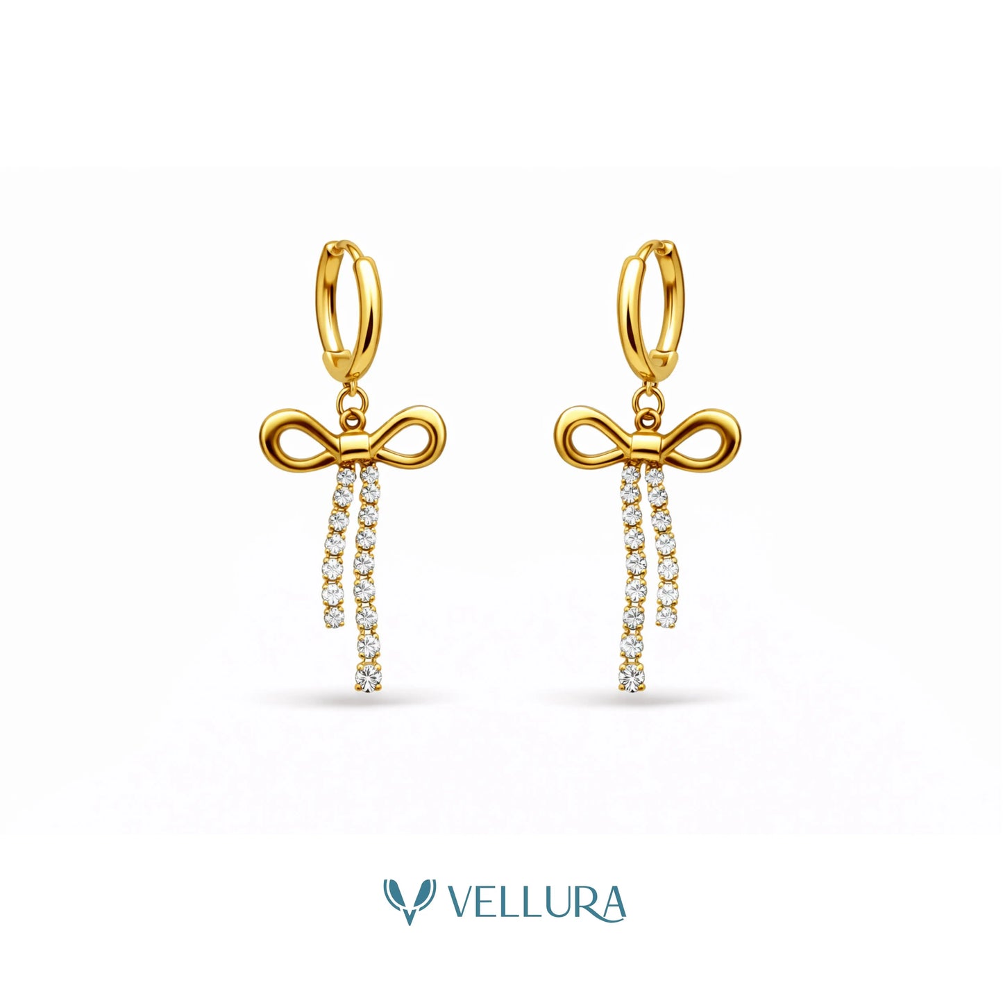 Gold Bow Tassel Crystal Drop Earrings