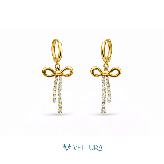 Gold Bow Tassel Crystal Drop Earrings