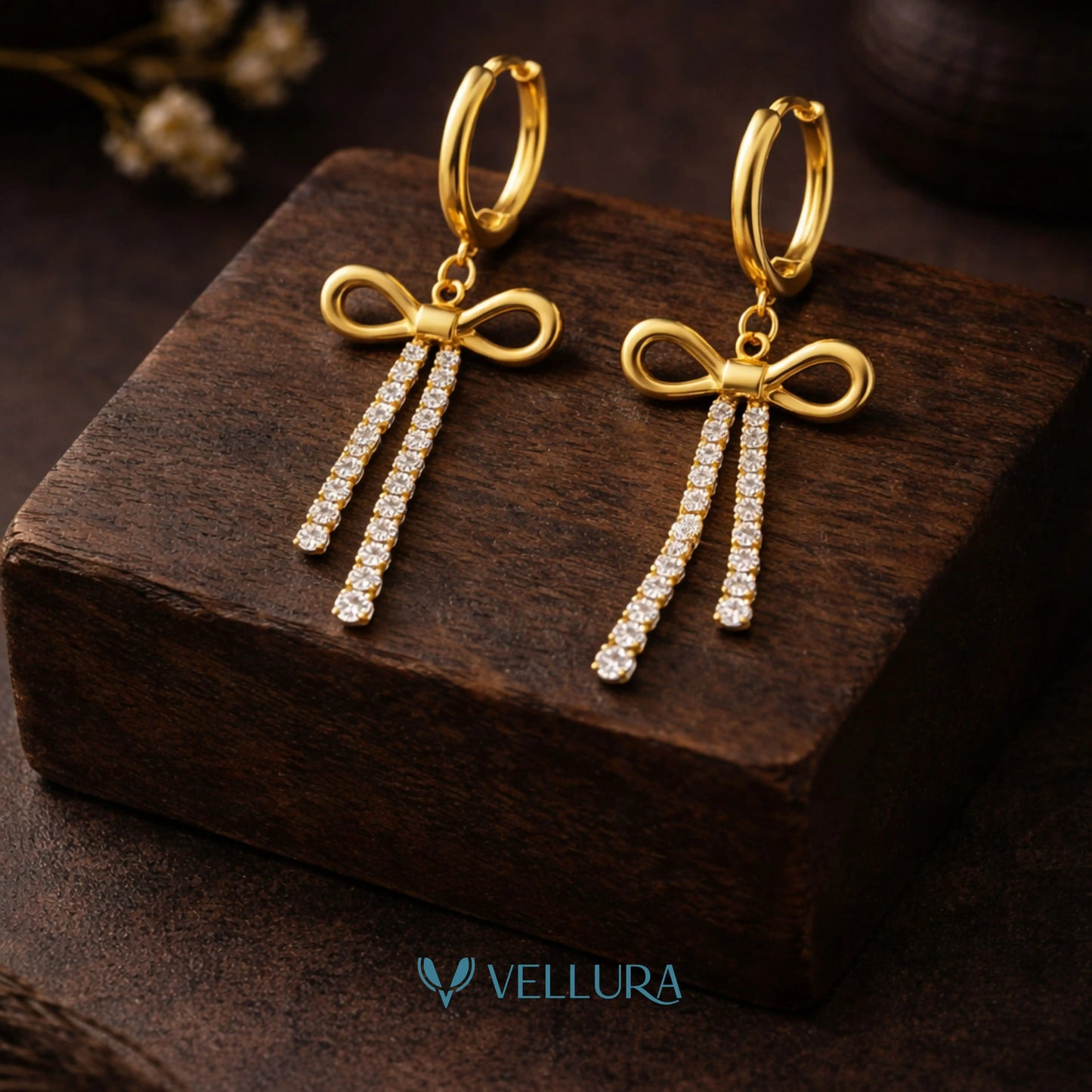 Gold Bow Tassel Crystal Drop Earrings