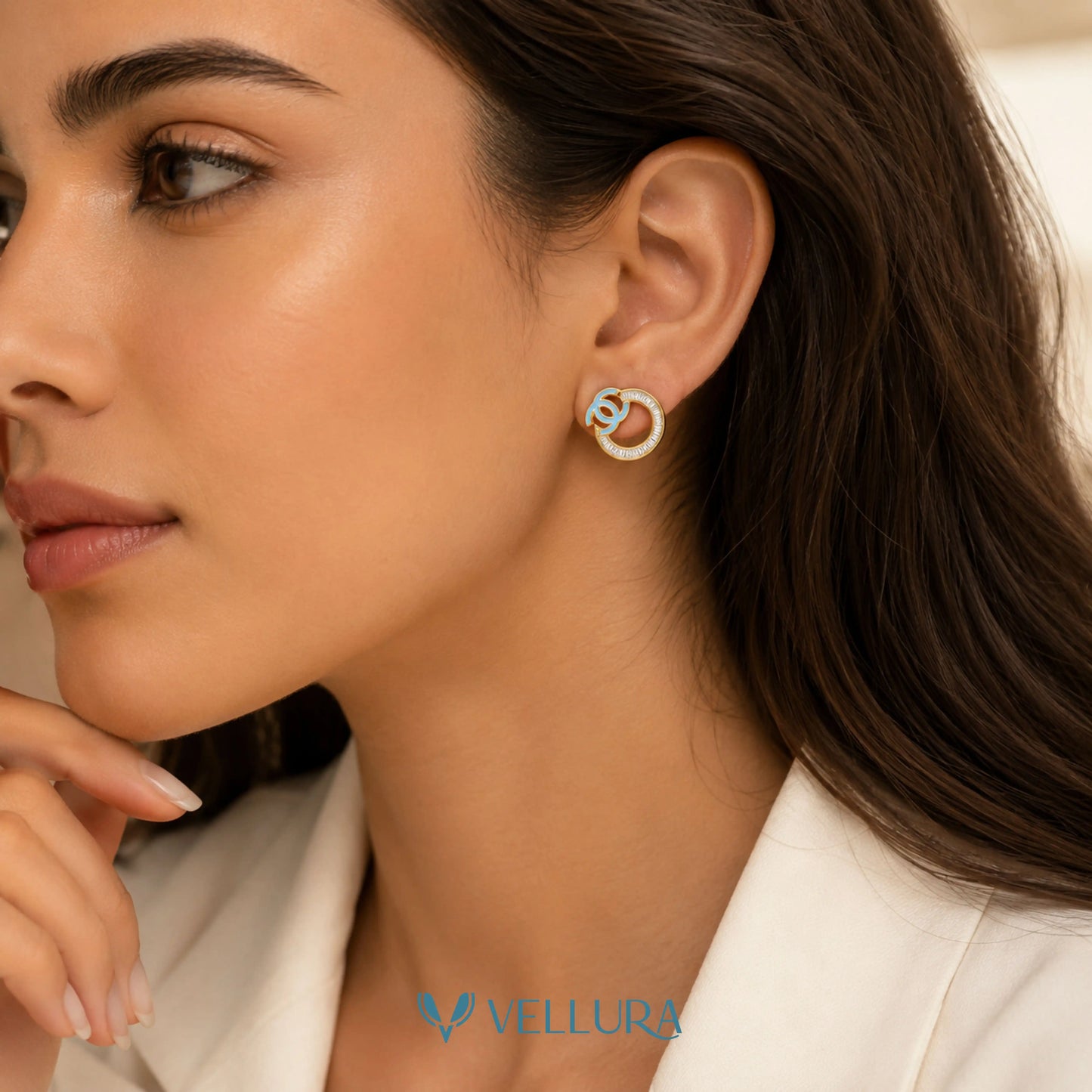 CC" Designer Inspired Blue CZ Stud Earrings