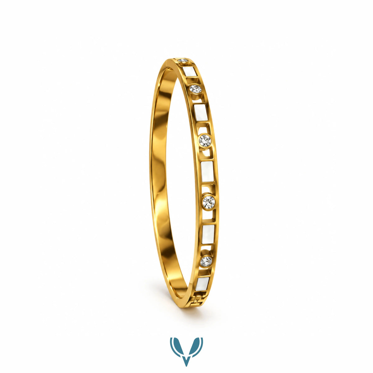 Gold White Inlay CZ Bangle Bracelet
