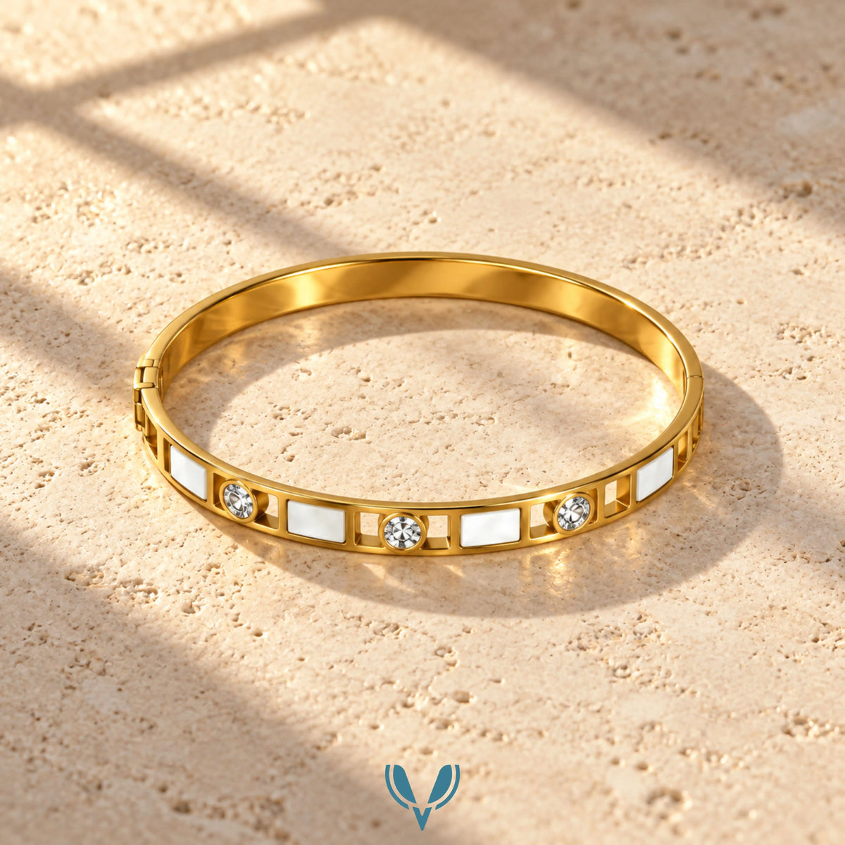 Gold White Inlay CZ Bangle Bracelet