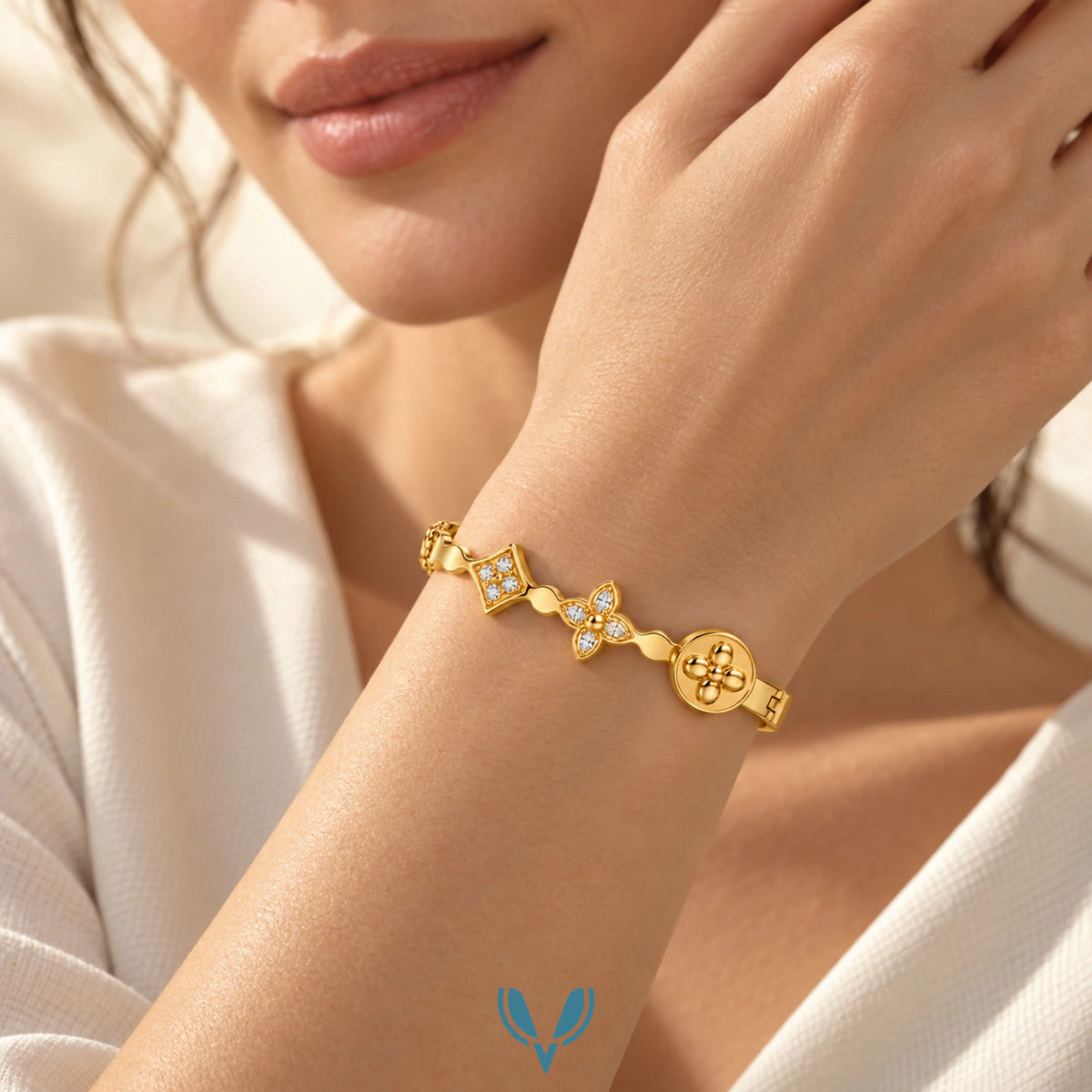 Floral Monogram CZ Bangle Bracelet