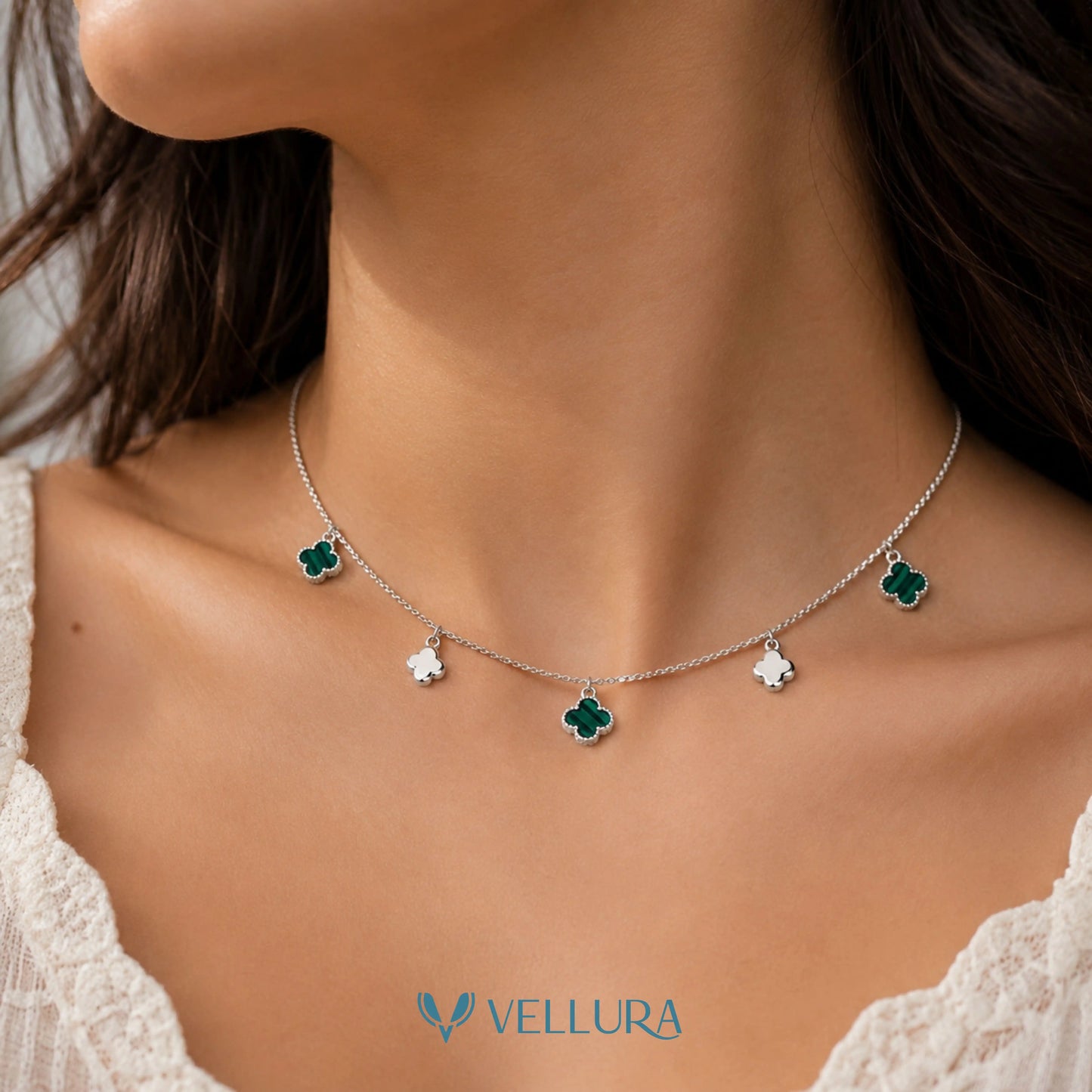 Silver Green Clover Charm Necklace