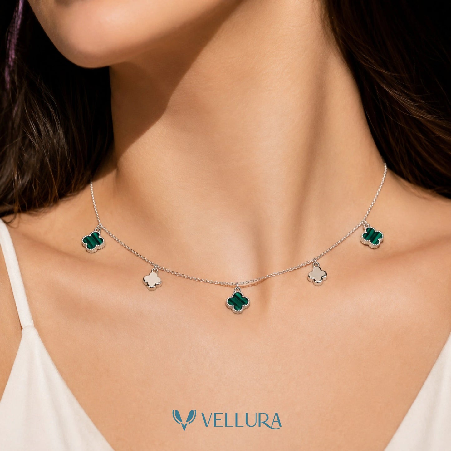 Silver Green Clover Charm Necklace