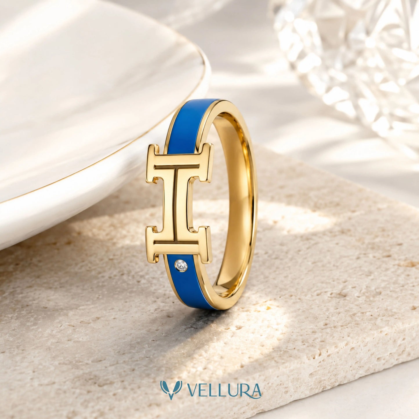 Hermès Inspired Blue Enamel Ring