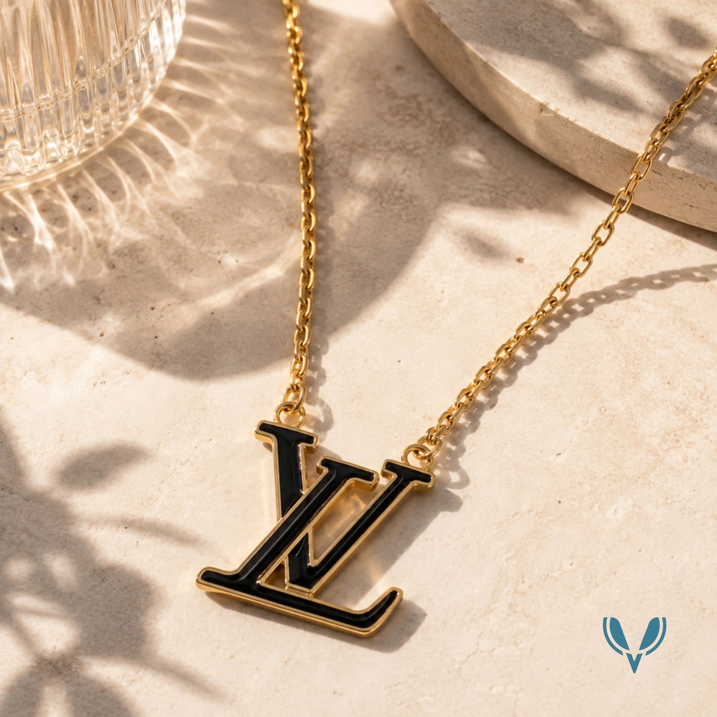 LV Inspired Black Charm Necklace
