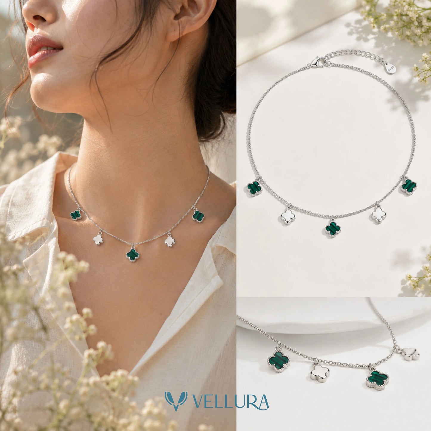 Silver Green Clover Charm Necklace