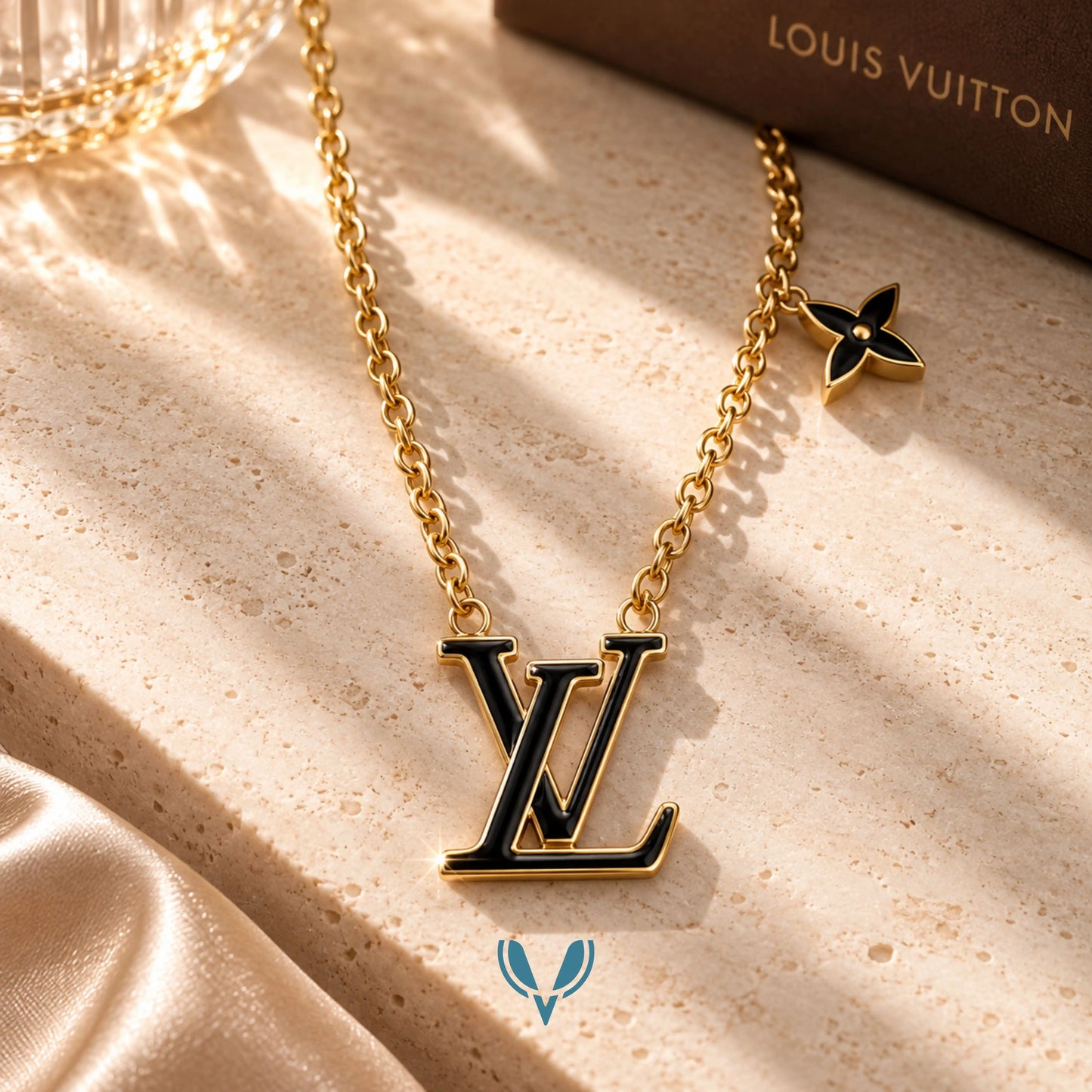 LV Inspired Black Charm Necklace