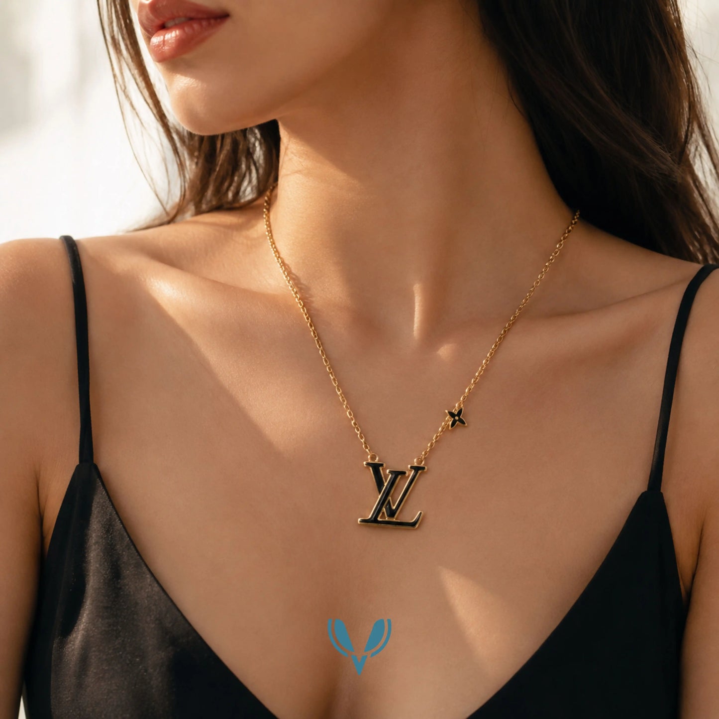 LV Inspired Black Charm Necklace