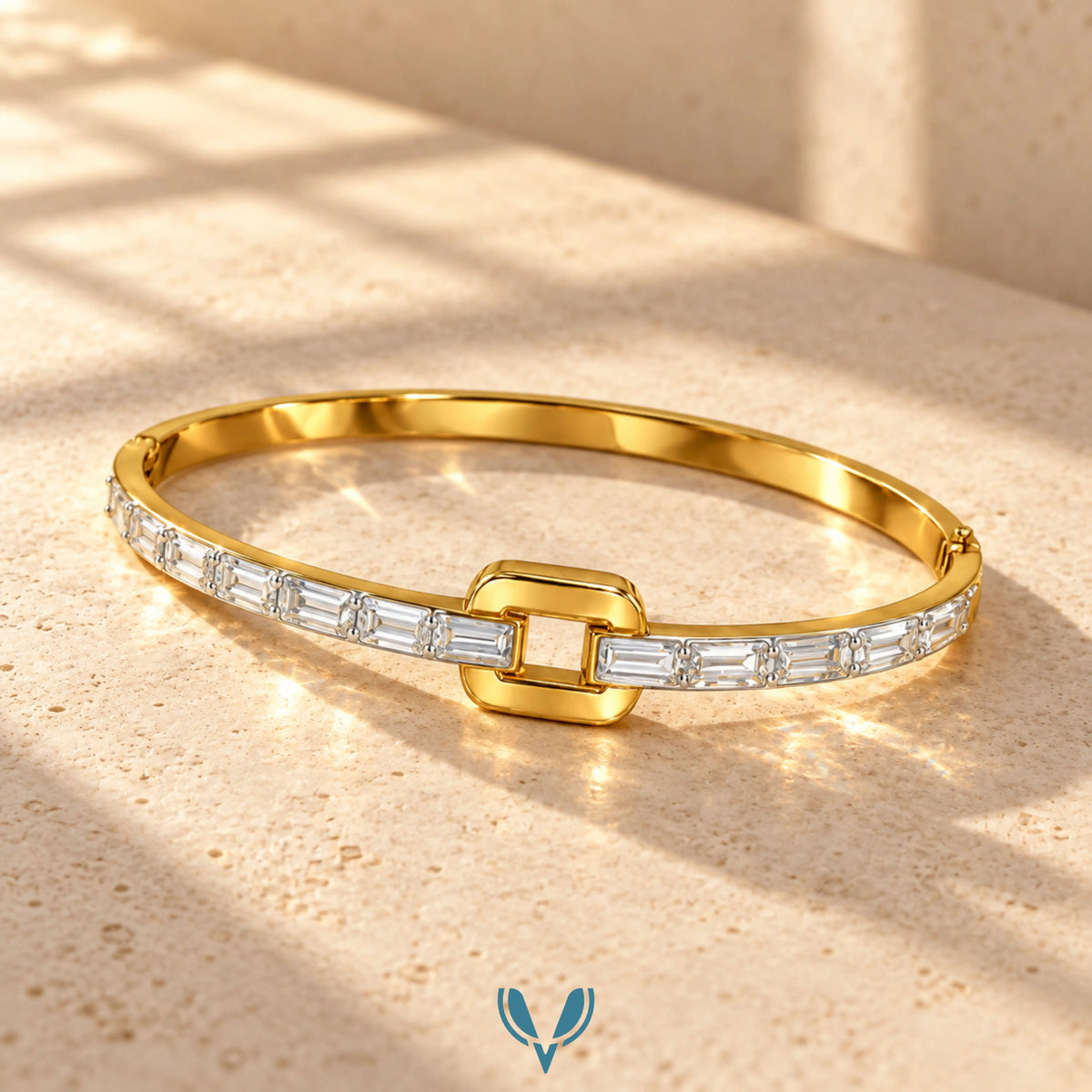 Gold Baguette CZ Buckle Bangle Bracelet