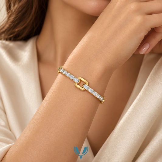 Gold Baguette CZ Buckle Bangle Bracelet
