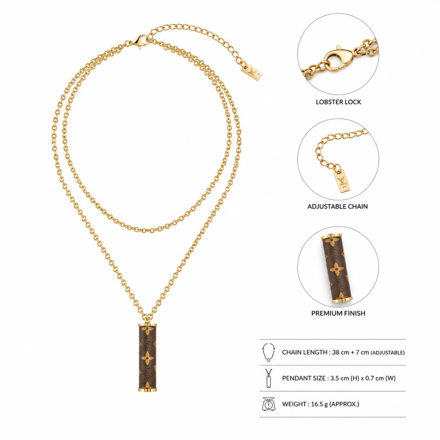 LV Inspired Dual Layer Pendant Necklace