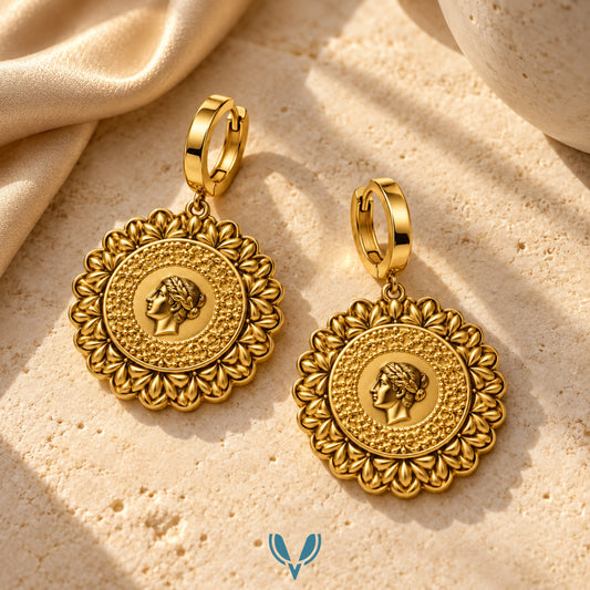 Gold Vintage Medallion Hoop Drop Earrings