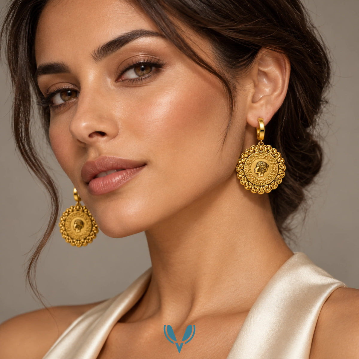 Gold Vintage Medallion Hoop Drop Earrings